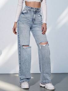 SHEIN ICON Jeans desgarro de pierna ancha de talle alto - Lavado ligero - Ver 4