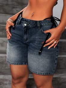 Slaydiva Plus Size Women Casual Asymmetric Waist Pocket Denim Shorts - Dark Wash - View 4