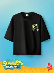 SpongeBob SquarePants | SHEIN TOKVUE 男士休闲日常通勤趣味卡通字母印花落肩宽松T恤，夏季 - 黑色 - 查看 2