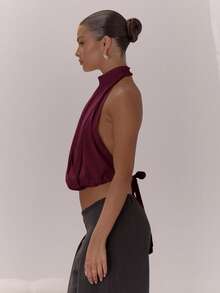 MUSERA High Neck Draping Detail Backless Top Classy Sexy Night Out Occasion Vacation Layered Elegant Holidays Party Valentines Day Spring Summer - Red Violet - View 4