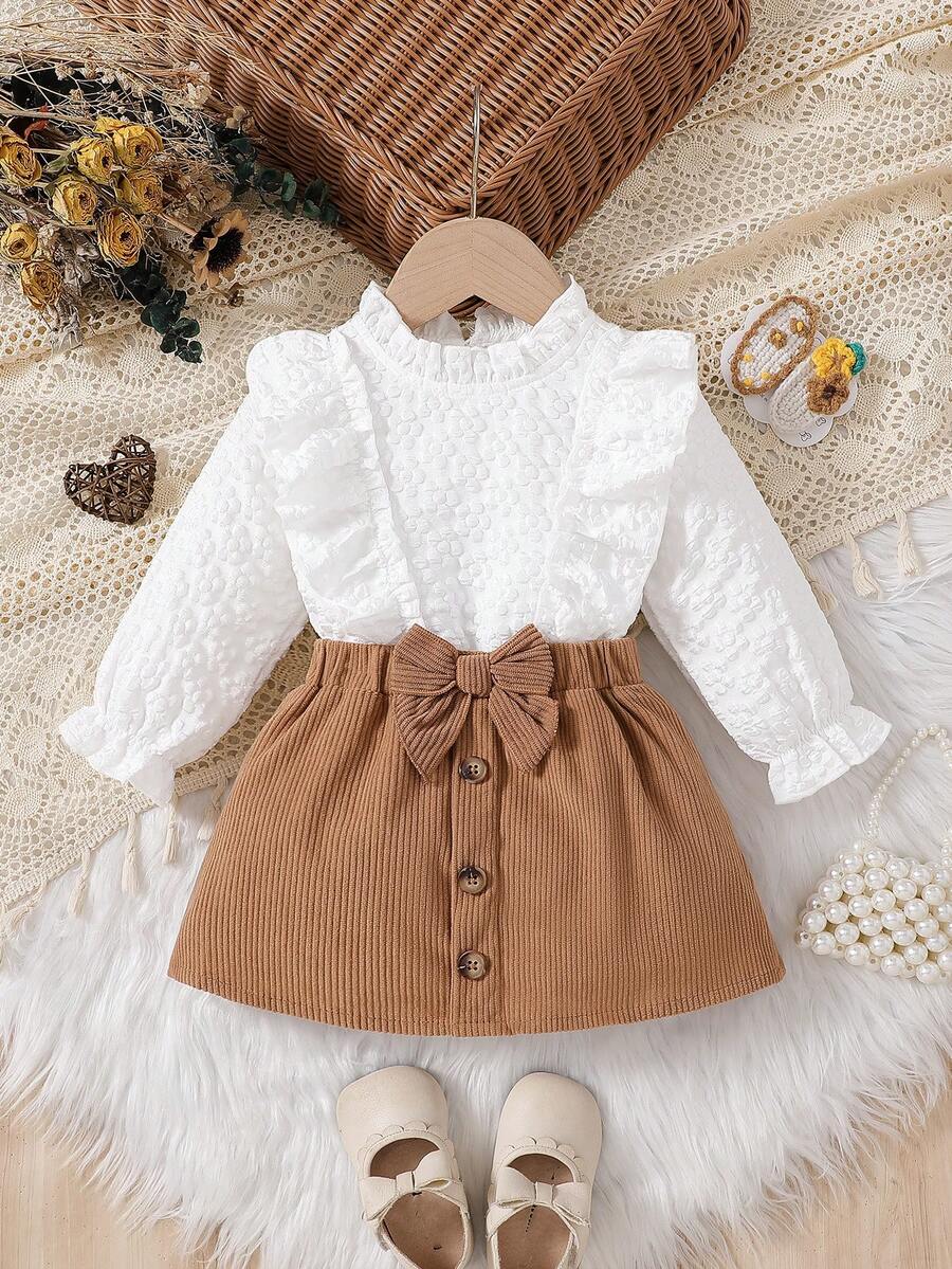 SHEIN Vintaside Kids Ensemble Chemisier Petite Fille Avec Jupe Courte Et Ceinture, Tenue Simple Et Élégante Pour Les Saisons De Printemps Et D'automne - Multicolore - Voir 1