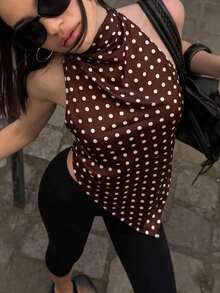 SHEIN EZwear Áo yếm nữ satin chấm bi nâu trắng, vạt bất đối xứng, hở lưng, phong cách thanh lịch đi chơi đêm mùa hè - Cà phê nâu - Xem 7