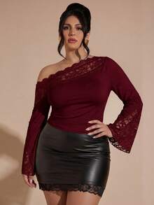 SHEIN BAE 大码女式黑色长袖不对称蕾丝露肩上衣 - 酒紅色 - 查看 3