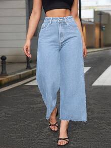 SHEIN ICON 大码女式休闲毛边直筒牛仔裤 - 淺色水洗藍 - 查看 5