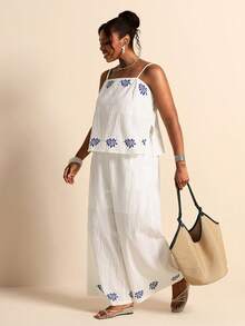 Elaquor Plus Size Minimalist Print Camisole Top And Pants 2 Pieces Set Casual Two Piece Set For Women Flower Print Sets Boho Style Two Pieces Set For Women - White - View 3