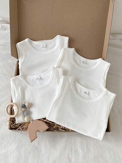 PrepCrw Bộ 4 áo tank top trắng thoải mái, tối giản dành cho trẻ em và thanh thiếu niên, mua 3 tặng 1, thích hợp mặc hàng ngày, mùa xuân và mùa hè.