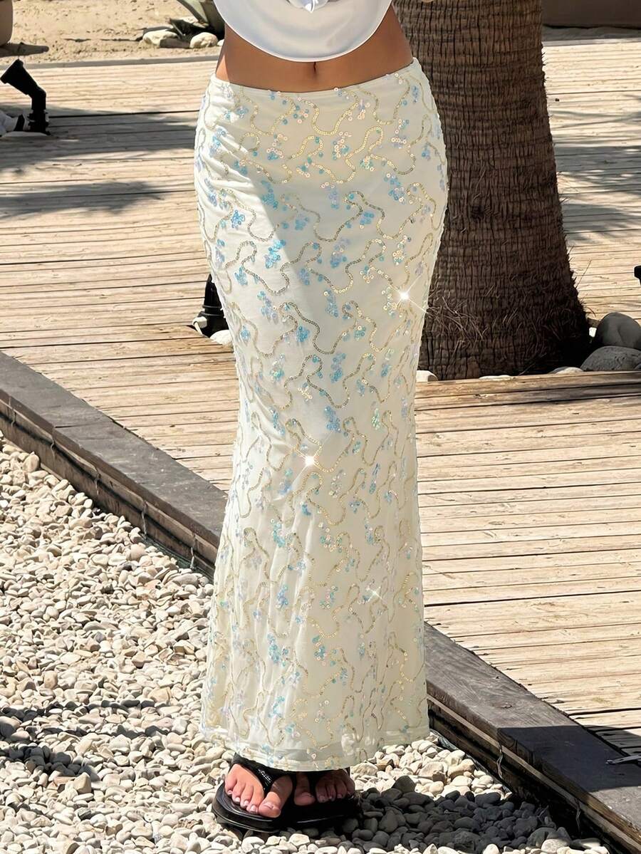 MainGRL 女士时尚杏色亮片休闲度假风拼接亮片鱼尾裙 - 杏色 - 查看 1