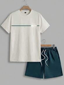 Sorvial Men's Slim Fit Beige Top And Woven Shorts Set, Holiday - Beige - View 2