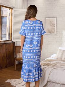 Serenescape Women's Ruffle Sleeve Round Neck Printed Long Nightgown - Blue - View 2
