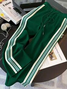 Franclia Bộ 2 món áo hoodie dài tay kẻ sọc có khóa kéo và quần thường ngày cho nữ - màu xanh lá - Xem 5