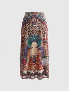 ROMWE Avant Vintage-Style Chinese Buddhist Statue Print Side Slit Mesh Plus Size Women Skirt - Multicolor - View 9