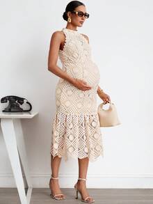 MaterniWear Khaki Maternity Dress With Heavy Lace Trim And Embroidered Ruffles - Elegant Summer Maternity Dress Babyshower - Apricot - View 6