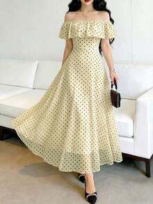 Modelyn Fashionable Off Shoulder Polka Dot Cinched Waist Elegant Dress, Spring/Summer - Yellow - View 3