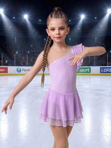 SHEIN Young Girls' Figure Skating Dress, Lightweight Shimmery Rhinestone Decor, Lavender Color, Stretchy Fabric, One Shoulder Mesh Accent, Elegant & Refreshing, Suitable For Team Competitions And Daily Practice - Blue - View 5
