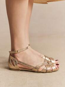 Rosivie Giày sandal nữ đế bằng dệt rỗng màu sâm panh ánh kim, có khóa cài, đế mềm chống trơn trượt, kiểu dáng La Mã cổ điển với chất liệu da màu vàng, thích hợp đi làm hàng ngày, đi nghỉ mát hoặc đi biển. - Rượu sâm banh - Xem 11