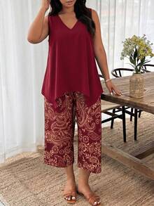 Weeklong Plus Size Women's V-Neck Irregular Hem Sleeveless Blouse And Solid Color Capri Pants 2-Piece Set, Spring/Summer - Burgundy - View 3