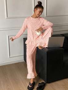 DAZY 2pcs Sweet Ditsy Floral & Embroidery Ruffle Trim Pajama Set For Women, Summer - Pink - View 3