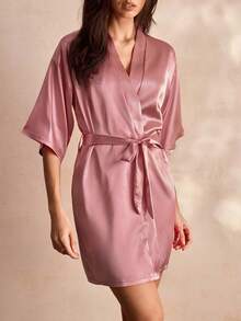 Charlaine 1 pieza Bata de satén sólido con cinturón, Lujoso atuendo de descanso, Otoño, Invierno - Rosa vieja - Ver 4