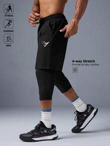 Acti Log Men's Sports Shorts, Elastic Drawstring, 2 In 1, Running & Workout. Outdoor Casual - Black - View 5
