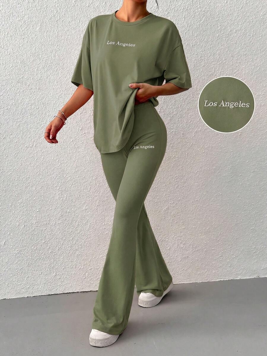 SHEIN EZwear 女款圓領落肩短袖寬鬆休閒舒適兩件套,夏季 - 軍綠色 - 查看 1