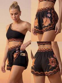 CAJUNI Quần short thể thao nữ in họa tiết hoa - màu đen - Xem 5