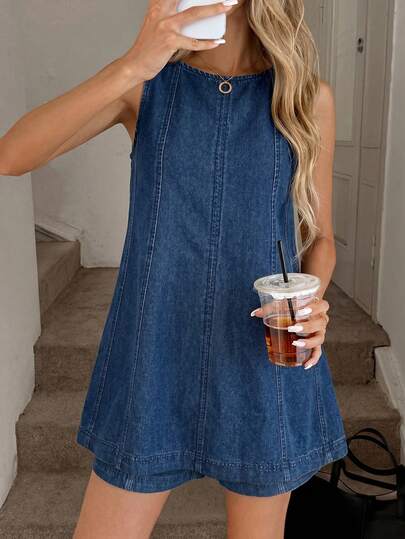 Easowa Bộ đồ denim thường ngày dành cho nữ, gồm áo dài tay cổ tròn và quần short.