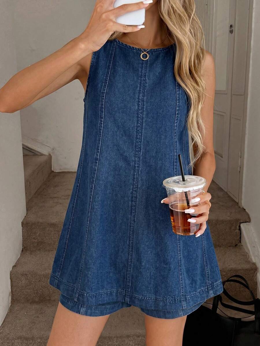 Easowa Bộ đồ denim thường ngày dành cho nữ, gồm áo dài tay cổ tròn và quần short. - Màu xanh lam - Xem 1