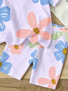 Bộ đồ bé gái gồm áo thun ngắn tay và quần short in họa tiết hoa ngọt ngào, kiểu dáng thường ngày, thích hợp cho dã ngoại, kỳ nghỉ, đi biển, mùa hè. - Nhiều màu - Xem 6