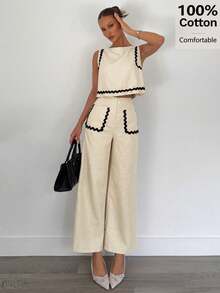 Siren Gaze 2pcs Women's Summer Set, Contrast Trim Blouse And Solid Color Casual Loose Pants, Daily Casual/Work Outfit, Sleeveless Scalloped Crop Top 100%Cotton - Apricot - View 4