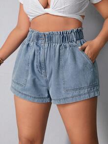 Breezaya Plus Size Summer Casual Elastic Waist Denim Shorts With Large Pockets - Light Wash - View 6
