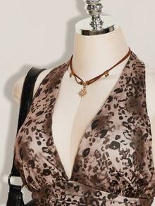 SHEIN ICON Plus Size Women's Chocolate Brown Summer 70's Leopard Print Top Y2K 80s 90s Retro Deep V Halter Neck Waist Gathered Loose Hem Night Brunch Party - Multicolor - View 7