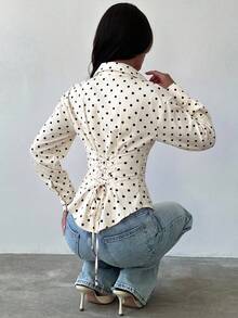 Firerie 女士蓝白条纹长袖衬衫，系带腰身，休闲通勤衬衫，度假衬衫，收腰条纹衬衫，适合春、夏、秋、冬四季穿着，优雅，度假风，波西米亚风，工作装 - 杏色 - 查看 7