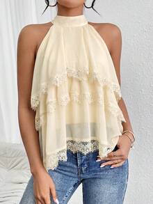 Firerie Halter Neck Ruffled Cake Chiffon Lace Hem Blouse Beach Vacation, Summer Holiday, Tropical, Resort Wear, - Apricot - View 11