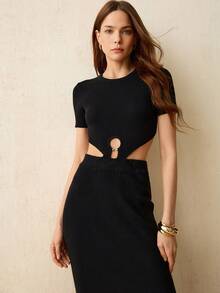 CielaLinda Vestido midi de punto con abertura y decoración, de manga corta para mujer - Negro - Ver 7