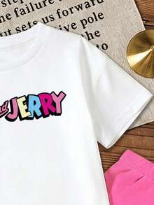 TOM & JERRY X SHEIN GraphicGems 少女字母印花短袖T恤和粉色裤子休闲两件套，夏季 - 白色 - 查看 4