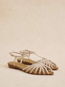 Rosivie Giày sandal đế bằng mũi nhọn màu hồng dành cho nữ, thiết kế quai chữ T rỗng, gót thấp thoải mái, kiểu dáng retro mùa hè, thích hợp đi biển hoặc đi làm. - Bột nhung - Xem 6