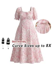 SHEIN CURVE+ Đầm ngắn tay mùa xuân/hè cổ bèo nhún, tay phồng, tay đèn lồng, lưng xếp ly, eo chữ A, chất liệu vải hoa nhí lãng mạn cổ điển, kiểu dáng thanh lịch thường ngày cho kỳ nghỉ của nữ. - Nhiều màu - Xem 10