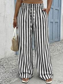 SHEIN EZwear 加大码黑白条纹印花抽绳腰斜插口袋休闲裤 - 黑與白 - 查看 5