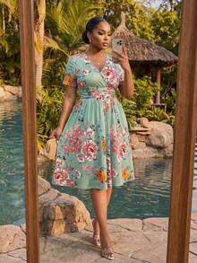 SHEIN CURVE+ Plus Size Wrap Collar Cinched Waist Printed A-Line Dress With Pockets - Multicolor - View 6