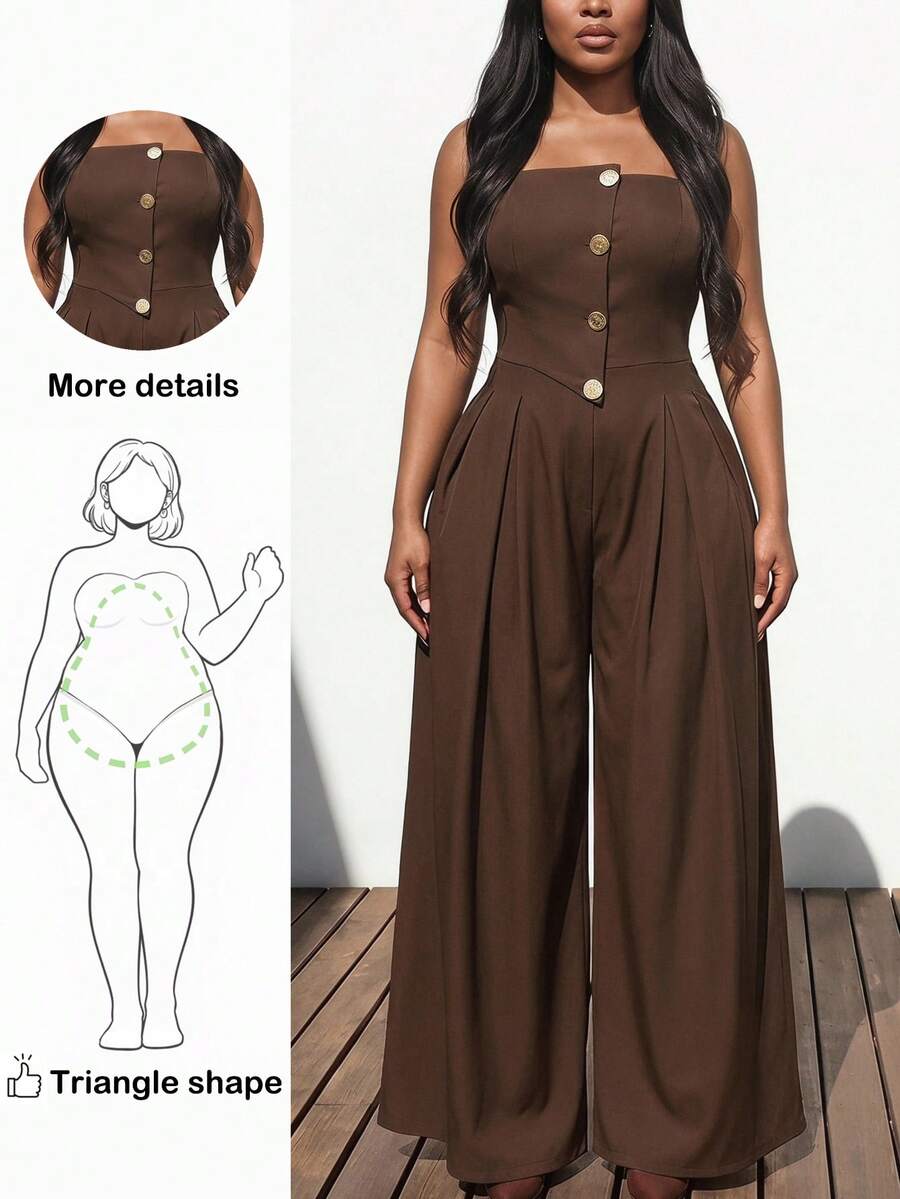 Truni Jumpsuit Ukuran Besar dengan Hiasan Kancing, Cocok untuk Pesta Formal, Pernikahan, Warna Cokelat Tua, Musim Panas, Elegan, untuk Bentuk Tubuh Pir dan Segitiga - Coklat - View 1