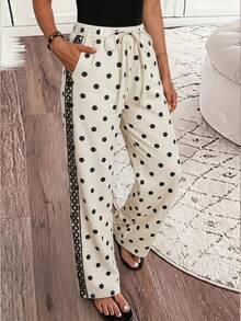 SHEIN LUNE Women's Black White Polka Dot Denim Pants With Side Ruffle Vacation Summer Boho,Suitable For Various Occasions, Graduation Season, All Seasons - Apricot - View 1