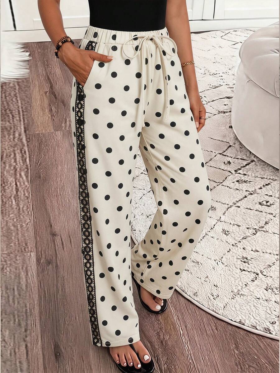 SHEIN LUNE Women's Black White Polka Dot Denim Pants With Side Ruffle Vacation Summer Boho,Suitable For Various Occasions, Graduation Season, All Seasons - Apricot - View 1