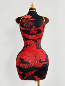 Sunspun 中式龍圖案掛脖旗袍洋裝，撞色緊身迷你洋裝，復古1960年代性感無袖洋裝，黑色夏季電音派對風 - 紅色 - 查看 2