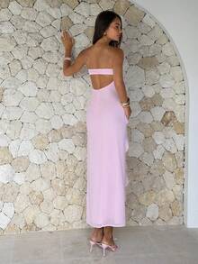 Aloruh Women's Summer Beach Day Party Date Wedding Romantic Elegant Soft Pink Voluminous Ruffled Hem Strapless Dress - Pink - View 2