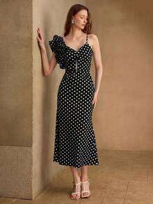 MOTF PREMIUM FASHIONABLE POLKA DOT MIDI DRESS FOR WOMEN - Black - View 6