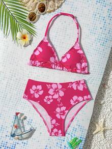SHEIN Tween Girl Tankini Swimwear Set, Pink Floral Print, Summer Beach Vacation - Hot Pink - View 3