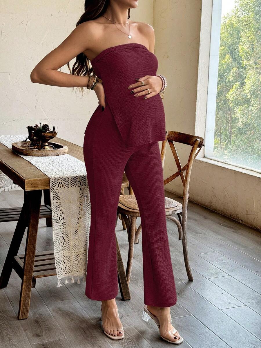 SHEIN 2pcs Maternity Solid Color Tube Top & Split Leg Pants Set - Burgundy - View 1