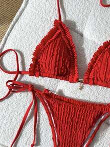 Swim Mod Women's Solid Color Jacquard Fabric Halter Metal Decor Ruffle Bikini Set, Spring/Summer - Red - View 2