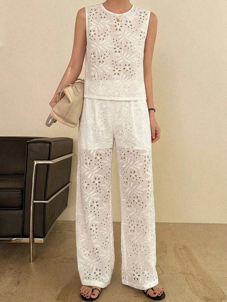 Elegant Casual White Hollow-Out Eyelet Embroidery Loose Sleeveless Shirt And Long Pants Set, Vacation/Beach Style, Spring/Summer Lounge Sets For Women