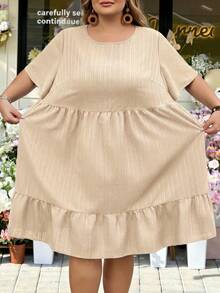 SHEIN CURVE+ Curve Size US22音樂節、海邊度假、波希米亞度假休閒純色短袖洋裝，夏季女裝、復活節女裝、波希米亞、Rave穿搭、復活節大尺碼穿搭、鄉村演唱會穿搭 - 杏色 - 查看 3
